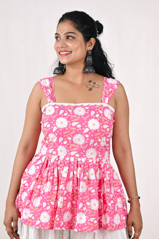 Pink white Floral cotton short Kurti for women| Jaipur fabric 🌸