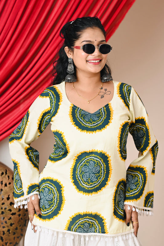 “Vanya: Lemon Green Bandhani Kurti 💛”