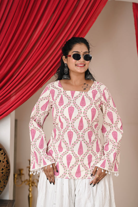 Pink white Printed jaipur cotton kurti for women🪷